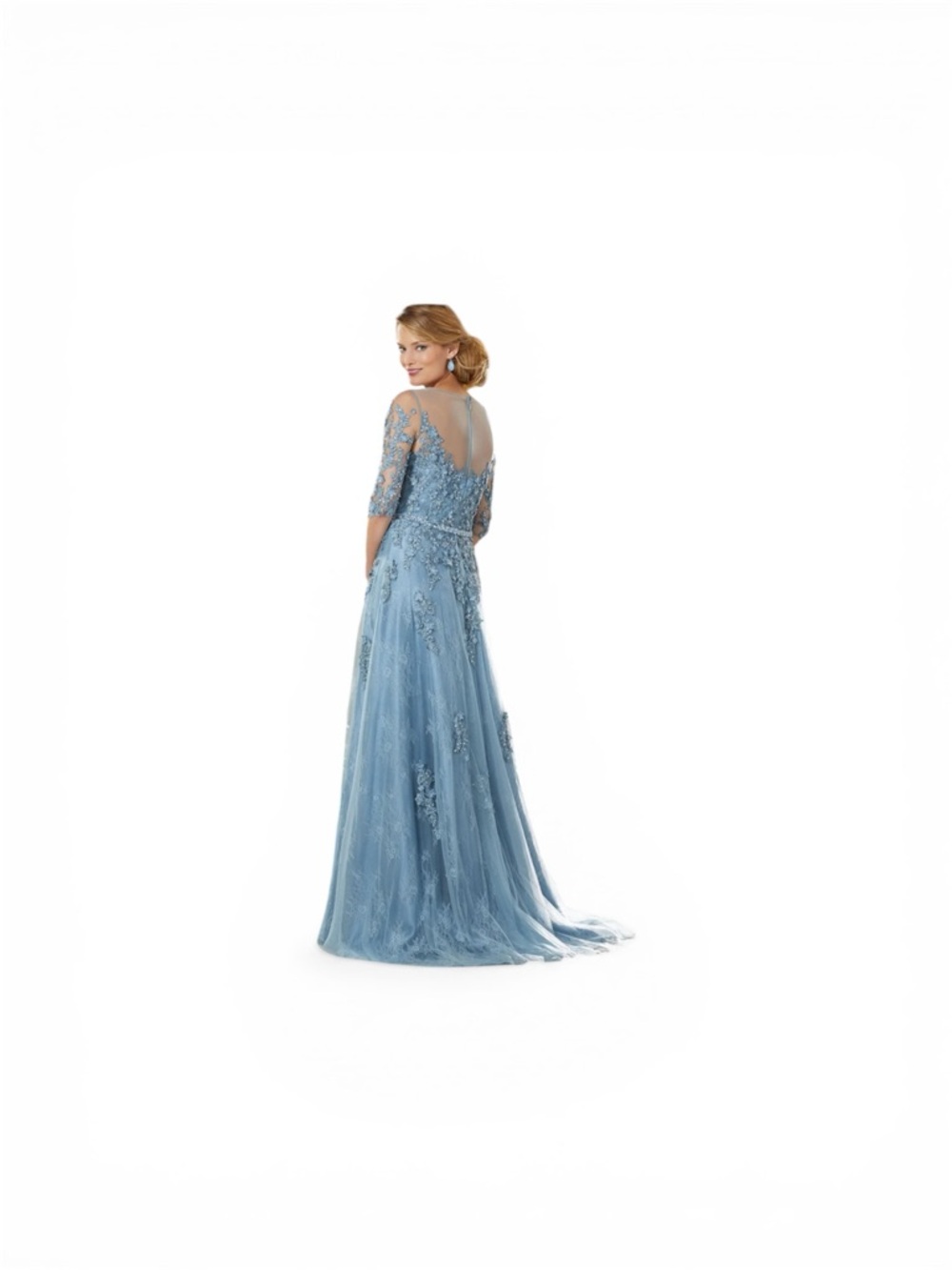 Elegant Light Blue Lace Evening Gown with Sheer Sleeves - Picture 2 of 6